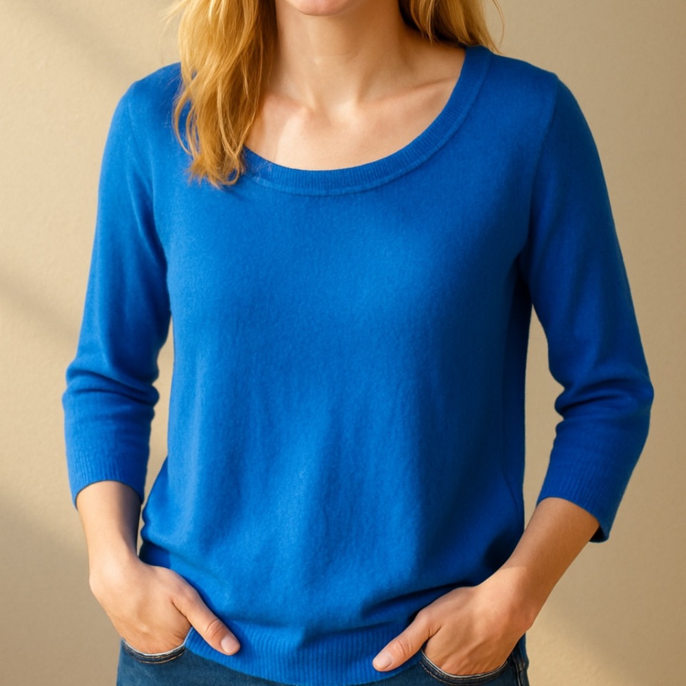 Duffy | Blue Medium 100% Cashmere Sweater | Lime Green Back Stripe 3/4 Sleeves